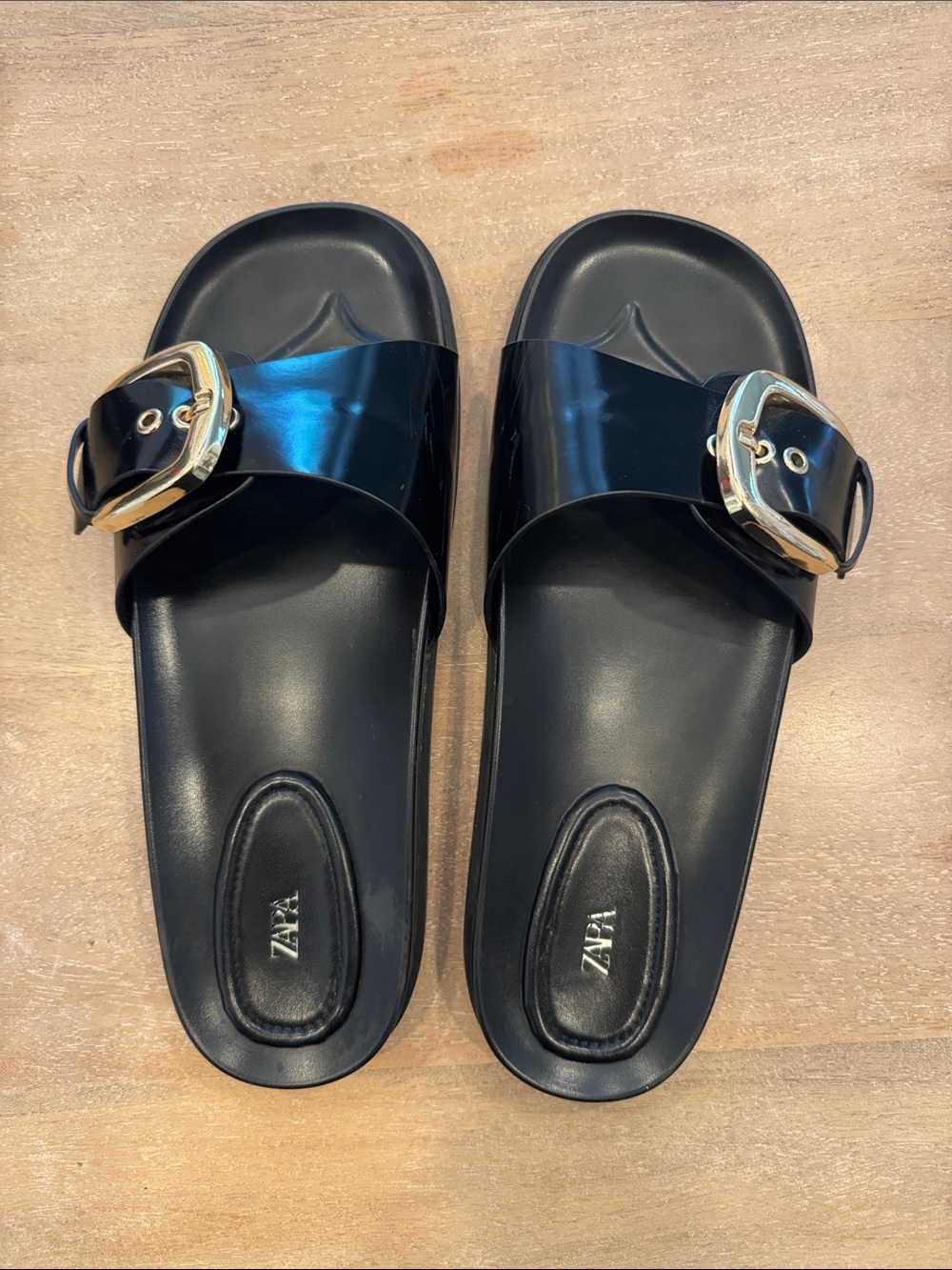 Zara Black Slide Sandals with Gold Buckles